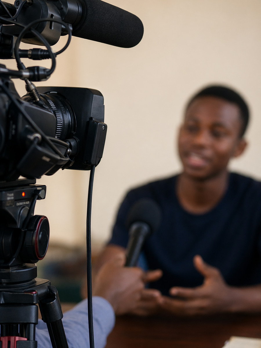 A camera records a PICHNET interview about youth and public policy.